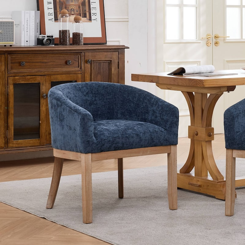 Mid Century Modern Upholstered Barrel Dining Chairs with Arms, Farmhouse Linen Kitchen Chairs with Natural Hardwood Frame - Blue