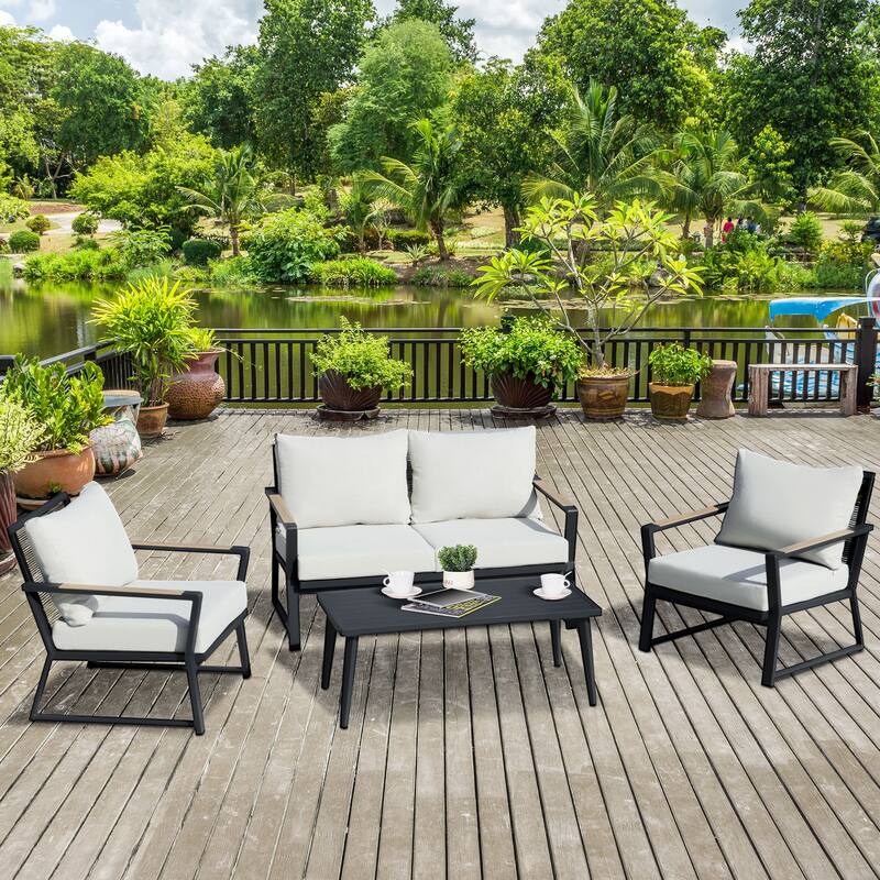 Ivinta 4-Piece Patio Furniture Set – Boho Style, Beige Cushions, Tempered Glass Table