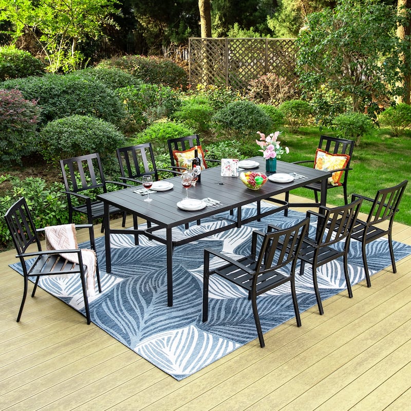 MAISON ARTS Patio Dining Set of 9 Pieces Patio Furniture Set Metal Rectangle Dining Table 8 Metal Stackable Chairs