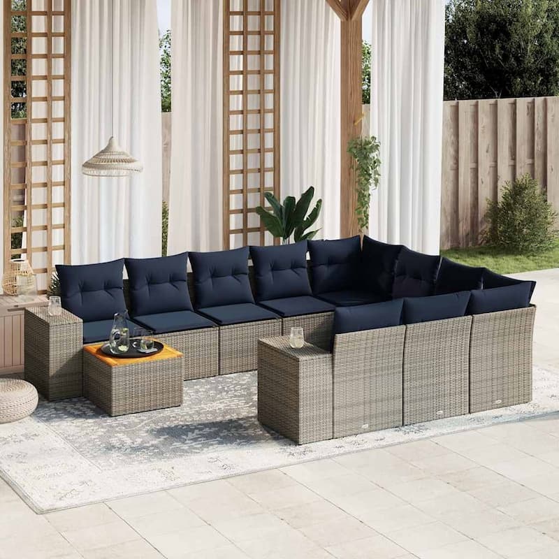 vidaXL 11 Piece Patio Sofa Set with Cushions Gray Poly Rattan - 122x33.5x92.1 - 11 pieces