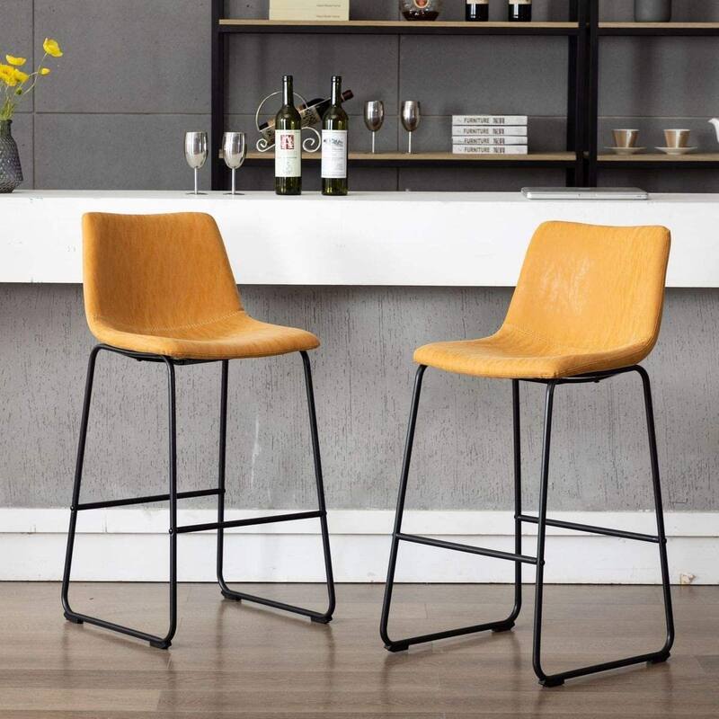 Home Beyond Set of 2 Pcs Synthetic Leather Upholstered Barstools Armlesss with Metal Frame - Set of 2 - Tan - Counter Height