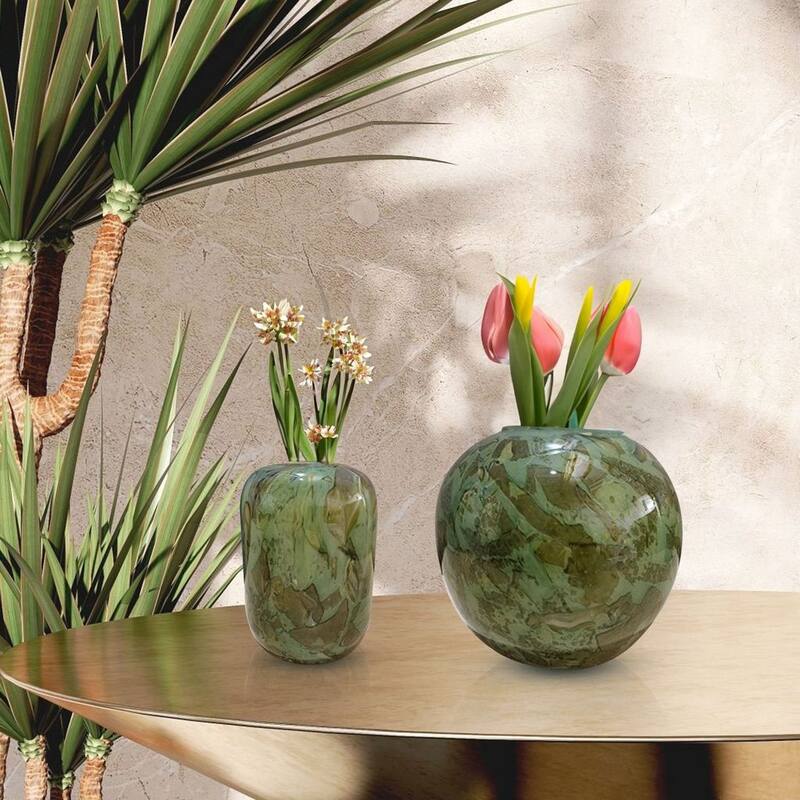 Set of Two Handblown Round Glass Vases in Green