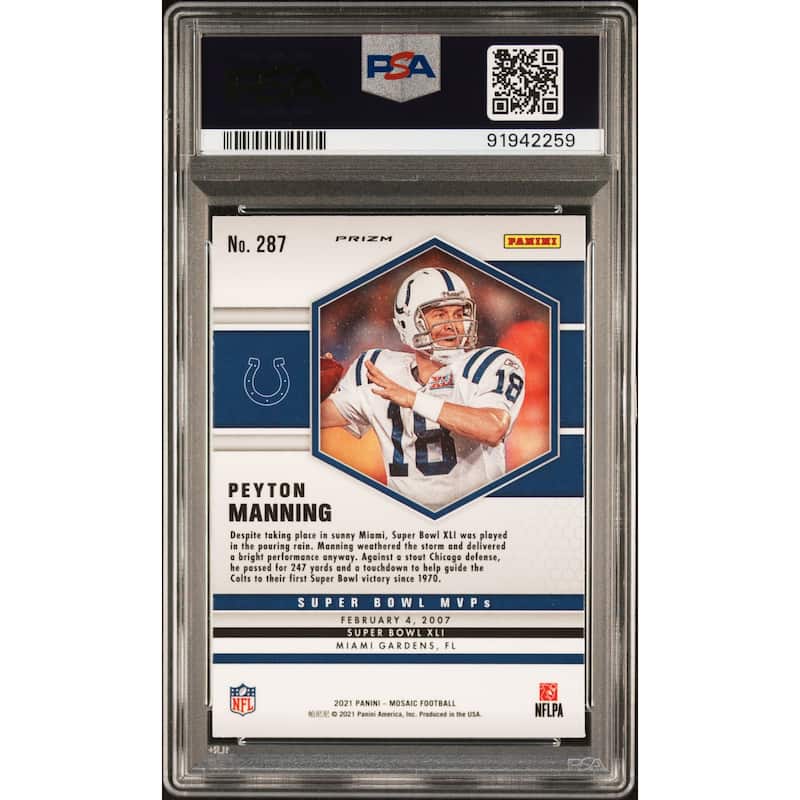 Peyton Manning 2021 Panini Mosaic Reactive Blue Football Card #287 Graded PSA 10 - 8'6" x 11'6"
