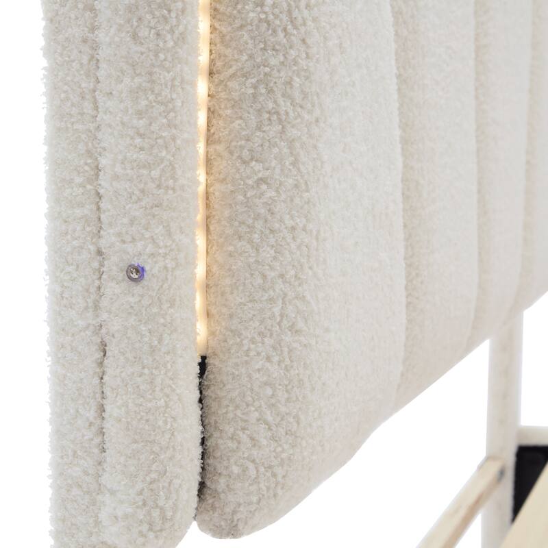 LED Flower-Shape Headboard Bed Frame, Sherpa Fabric Upholstered Platform Bed, Wooden Slats Panel Bed Side Control Buttons