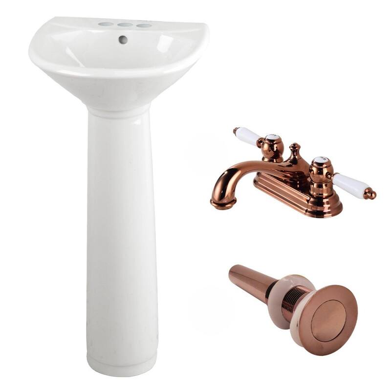 Ondine White Ceramic Pedestal Sink with Rose Gold Plated 4" Centerset Faucet, Drain and Overflow