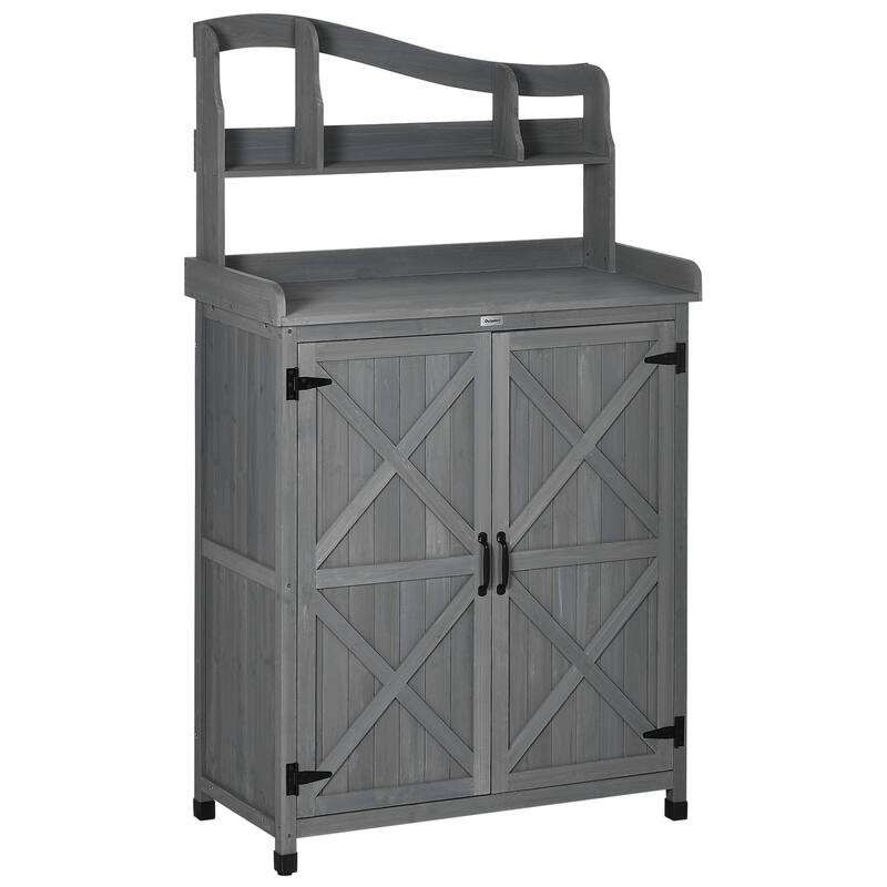 Outsunny Outdoor Potting Bench Table & Garden Storage Cabinet, Multi-function Gardening Bench, Wooden Planting Workstation