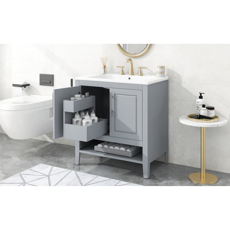 30"Bathroom Vanity with Sink,Multi-functional Bathroom Cabinet with Doors and Drawers,Solid Frame,MDF Board