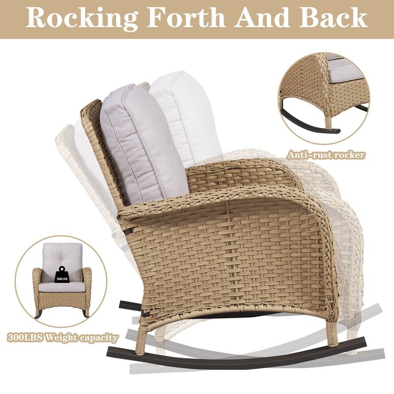 PlainCurve 3-Piece Wicker Outdoor Patio Conversation Set with Rocking Chairs and Olefin Cushions