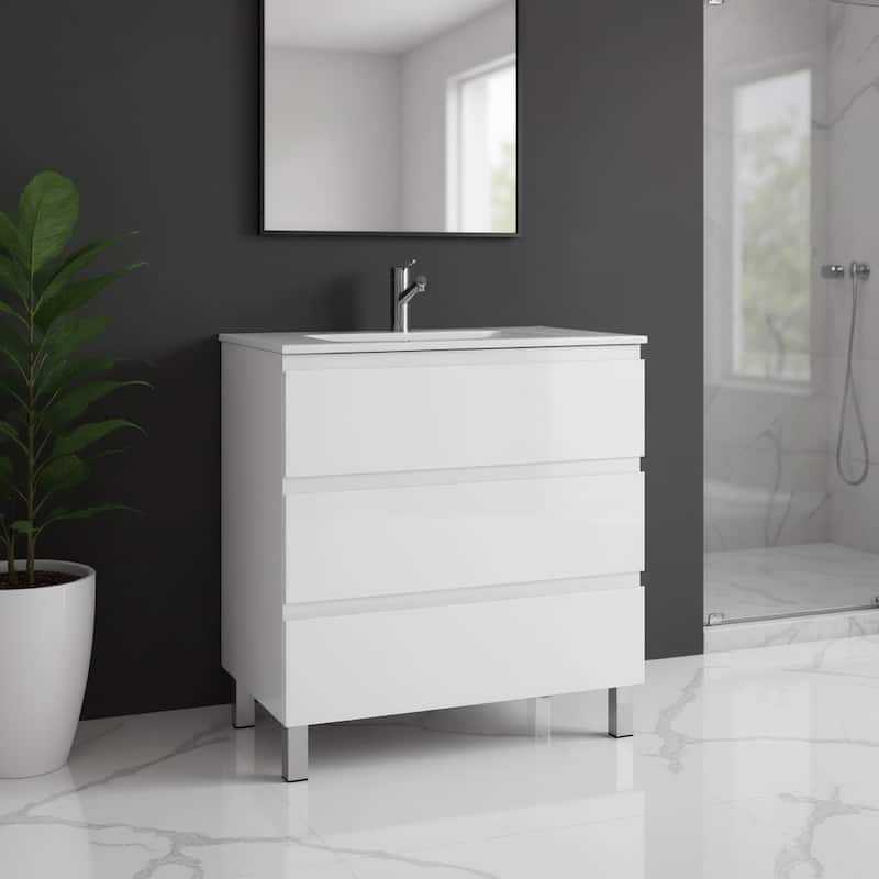HomeRoots 28" White Wood Freestanding Bathroom Vanity With White Sink And Three Drawers - 28.00 in. x 33.12 in. x 17.88 in. - 28.00 in. x 33.12 in.  x 17.88 in. - Polished - White
