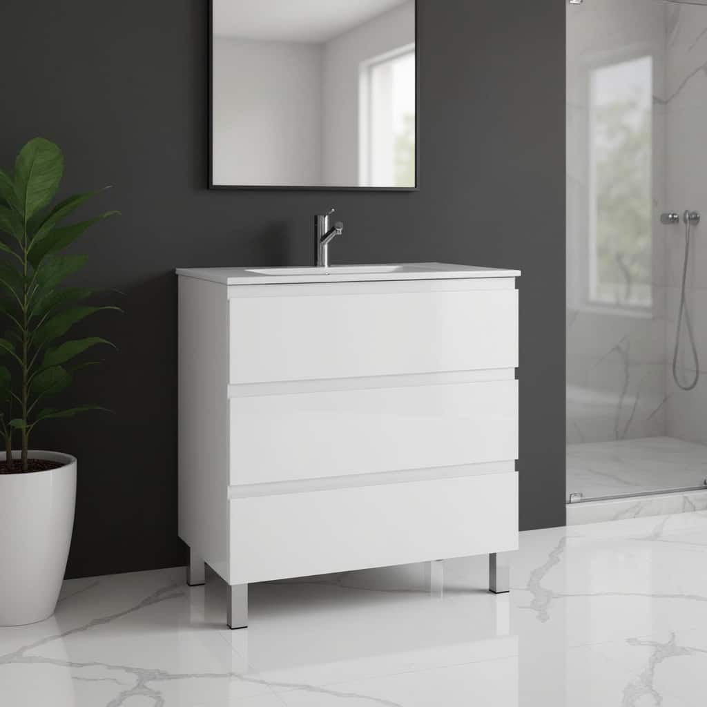 HomeRoots 28" White Wood Freestanding Bathroom Vanity With White Sink And Three Drawers - 28.00 in. x 33.12 in. x 17.88 in.
