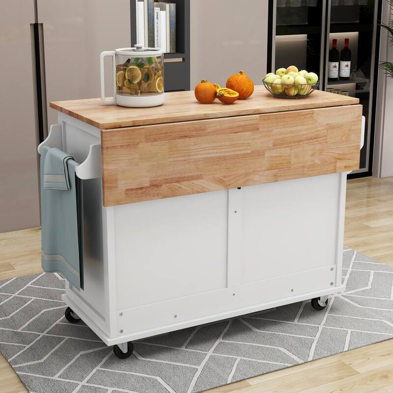 52.20'' Rubberwood Kitchen Cart with Drop-leaf, Sliding Door, Adjustable Shelf, Removable Wheels and 2 Drawers