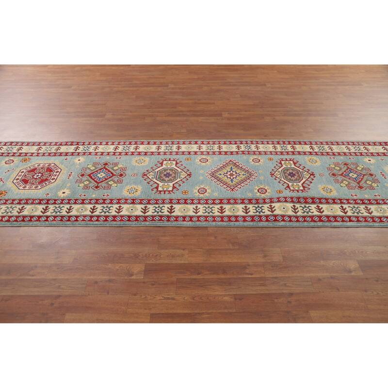Light Blue Kazak Oriental Runner Rug Hand-Knotted Wool Carpet - 2'11" x 13'9"