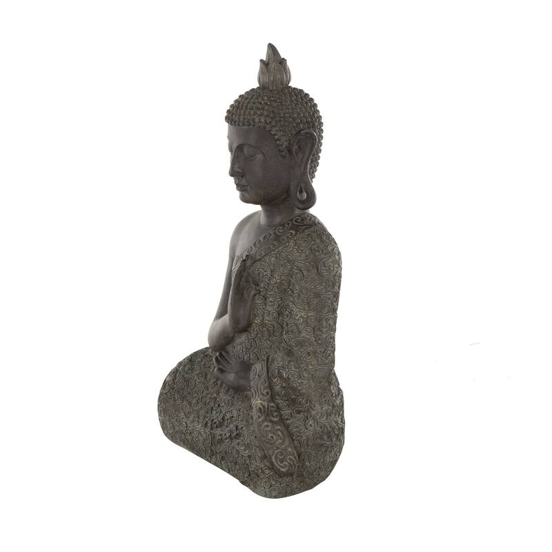 Brown Polystone Meditating Buddha Decorative Sculpture with Engraved Carvings and Relief Detailing