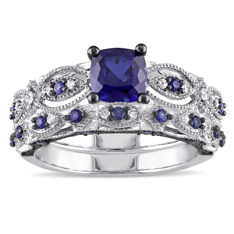 Miadora Signature Collection 10k White Gold Created Sapphire and 1/10ct TDW Diamond Bridal Set