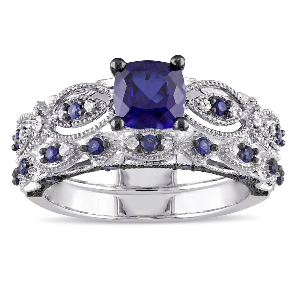 Miadora Signature Collection 10k White Gold Created Sapphire and 1/10ct TDW Diamond Bridal Set