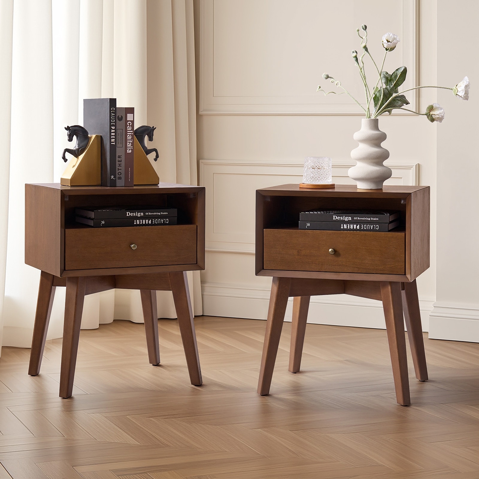 Randolf 18"W Mid-Century Modern Solid Wood Nightstand with Built-In Outlets Set of 2 By HULALA HOME