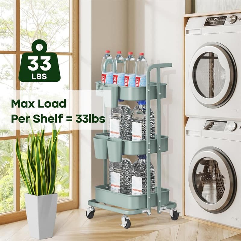 3 Tier Foldable Rolling Cart - 15"D x 17.2"W x 36.6"H