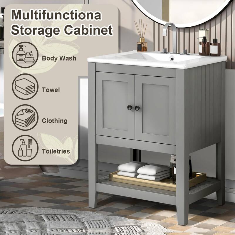 24" Bathroom Vanity Ceramic Sink with Solid Wood Frame Open Style Shelf