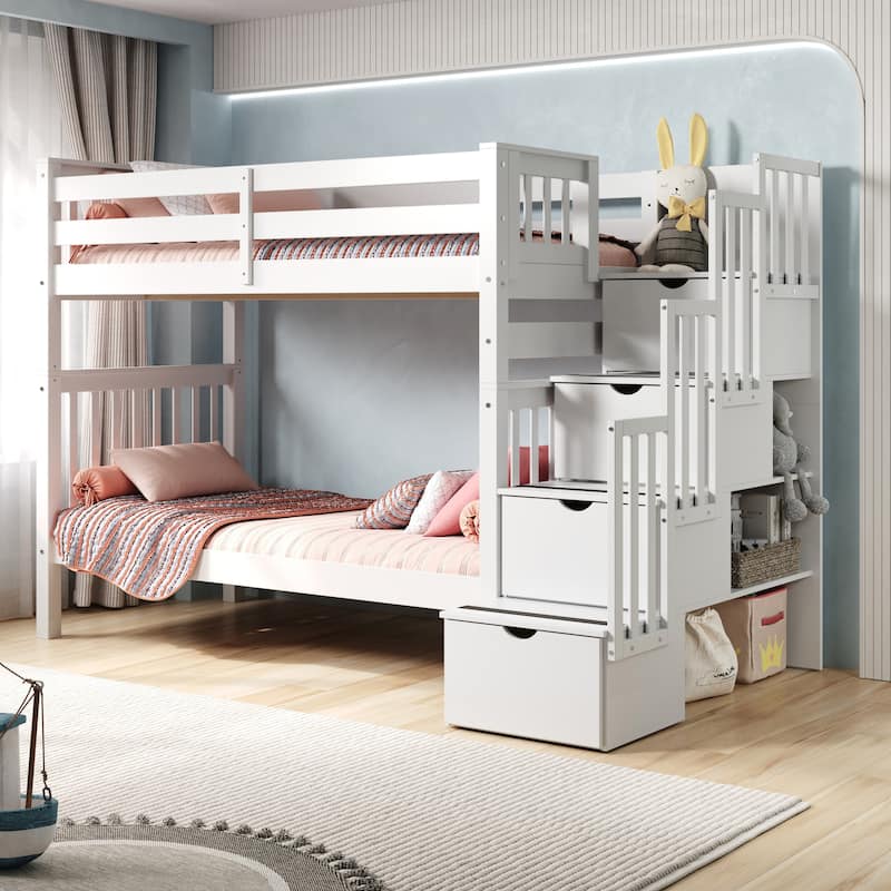 Taylor & Olive Trillium Tall Twin over Twin Stairway Bunk Bed, 4 Steps