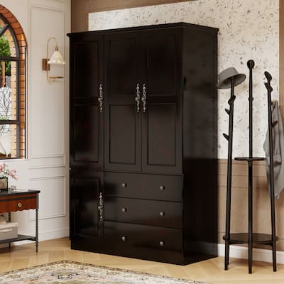 100% Solid Wood Black Walnut Armoire Wardrobe Closet with Drawer and Hanging Rod, Farmhouse Style Wardrobe Closet with 3 Door