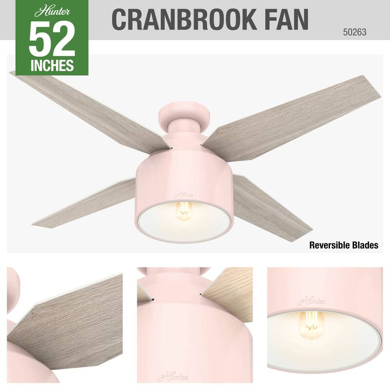 Hunter 52" Cranbrook Ceiling Fan with LED Light Kit and Remote - Mid-Century Modern, Low-Profile