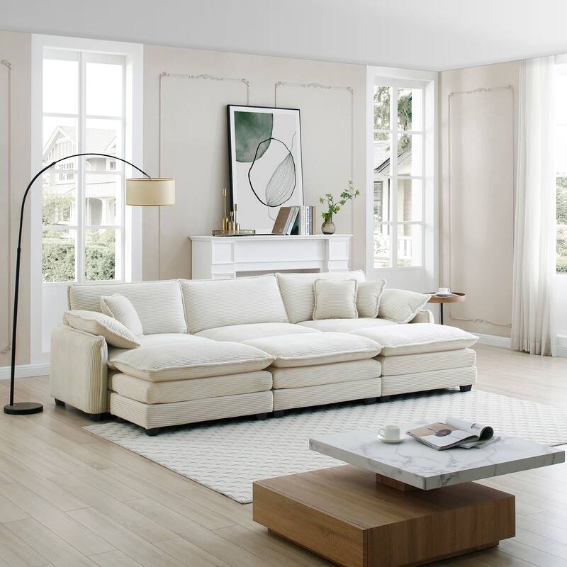 6-Piece Corduroy Modular Sleeper Sectional Sofa with 3 Ottomans & 5 Pillows