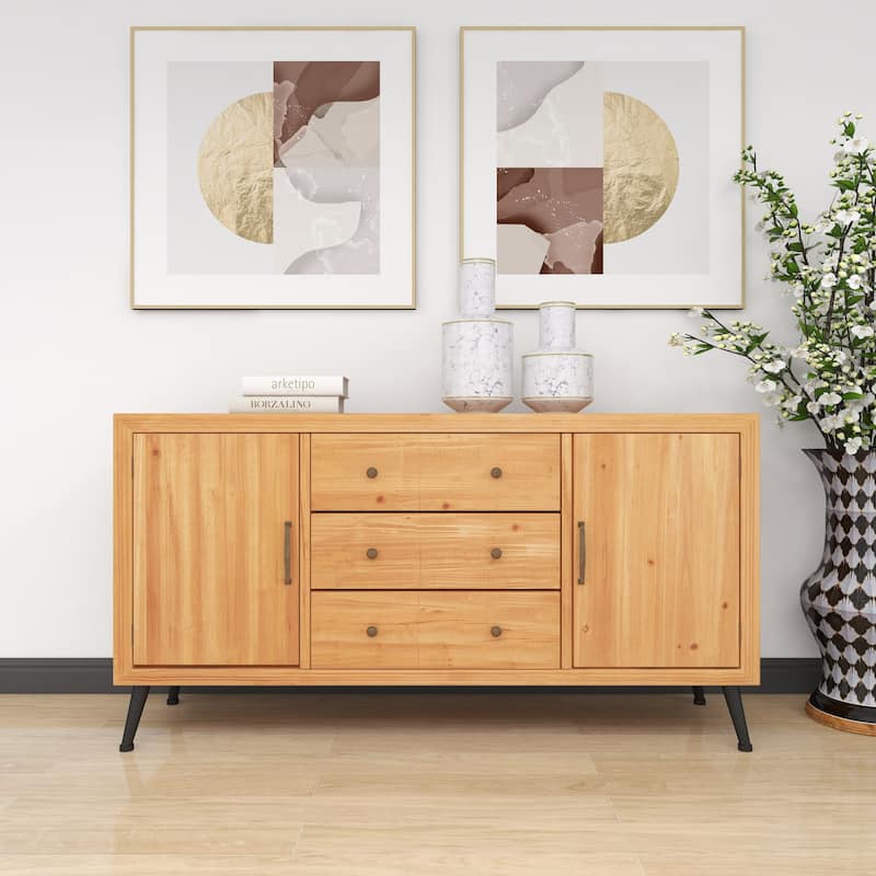 Light Brown Wooden 3 Drawers 1 Shelf and 2 Doors Buffet