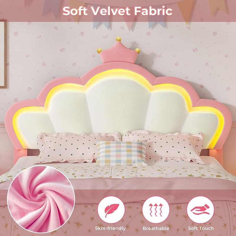 Bed Frame LED Lights Girls Bed Princess Crown Velvet Upholstered Platform Bed
