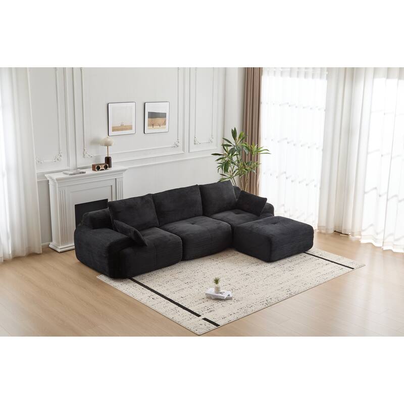 L Shaped Modular Sectional Sofa with Ottoman, Corduroy Upholstered Cloud Sofa, Compressed Sofa with Cushions & Throw Pillows