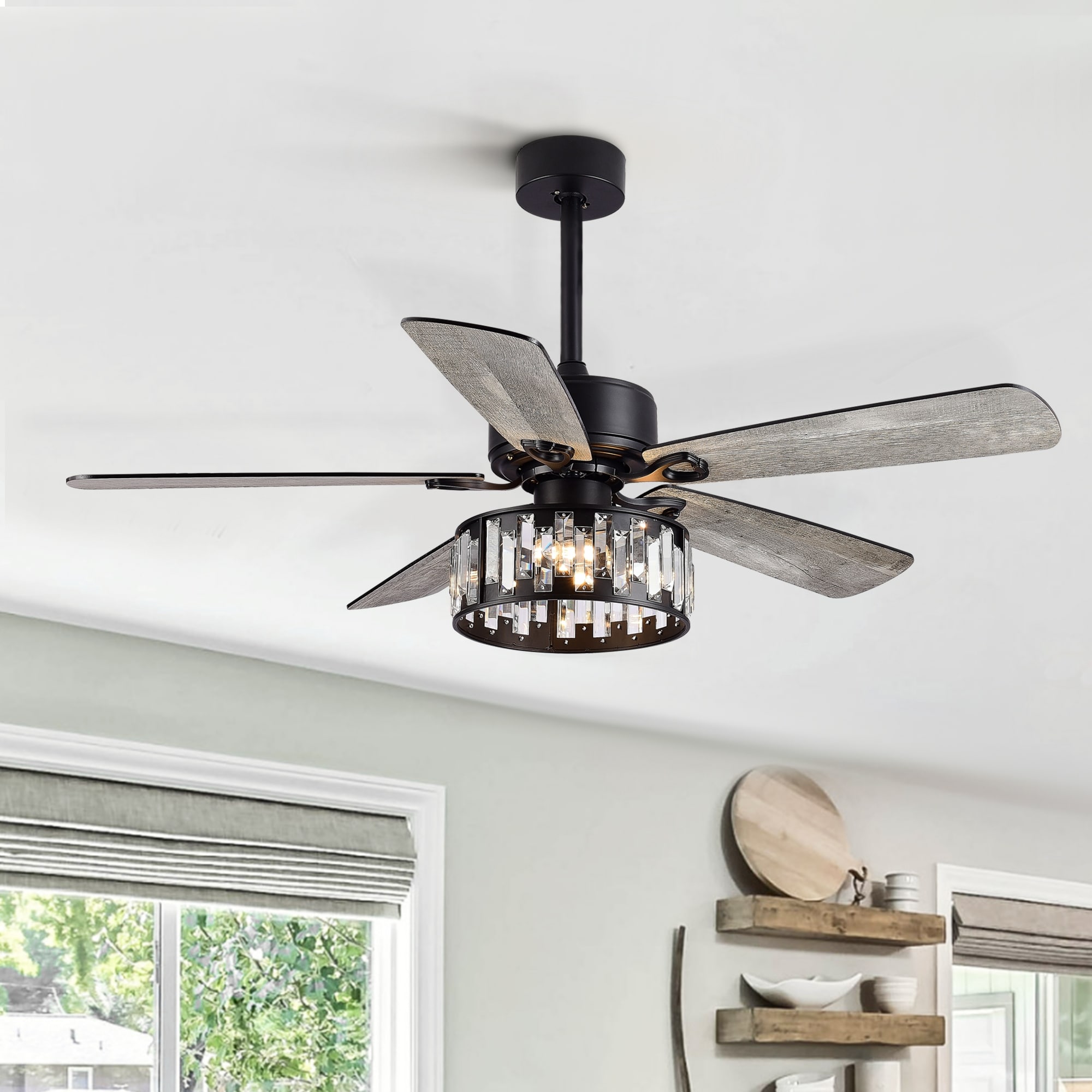 52 in. Indoor Black Ceiling Fan with Crystal Light Kit and Remote Control Included
