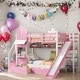 preview thumbnail 1 of 10, Playhouse Inspired Twin-Over-Twin Castle Style Bunk Bed with 2 Drawers 3 Shelves and Slide Pink