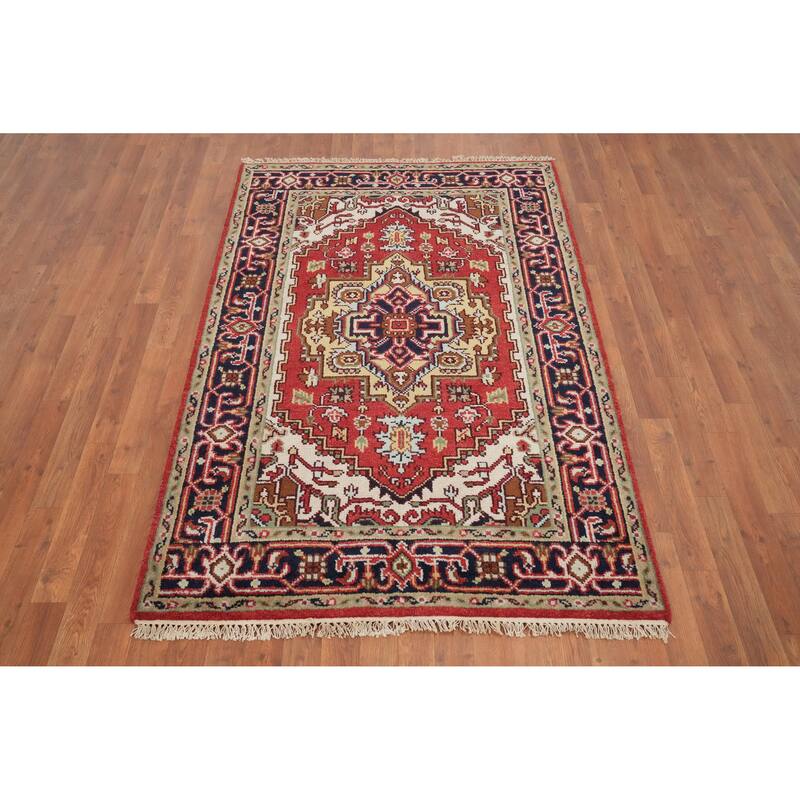 Hand Knotted Oriental 100% Wool Carpet Traditional Medallion Oranges & Rust Heriz (serapi) Area Rug - 5' 11'' X 4' 0''