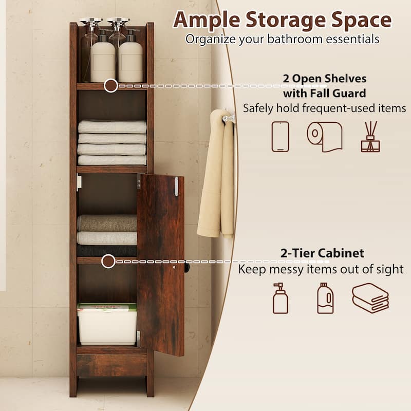 Slim Bathroom Floor Cabinet with Adjustable Shelves Magnetic Door and Open Shelves for Small Spaces - 8" x 7" x 31.5"(L x W x H)