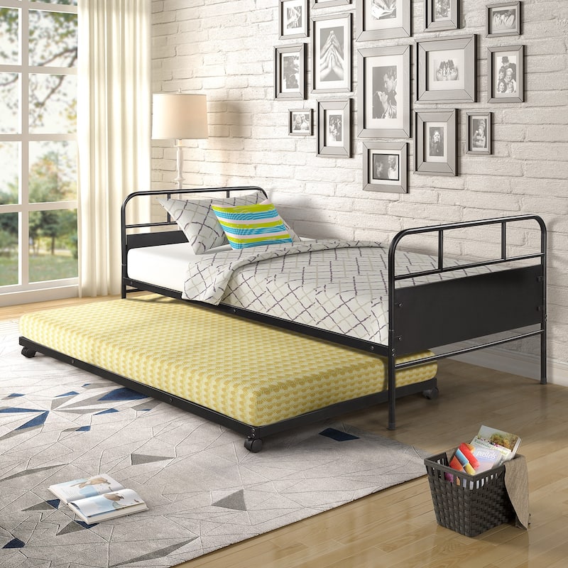 Twin Size Metal Daybed Platform Bed Frame with Pull-Out Trundle and Built-in Casters - Black