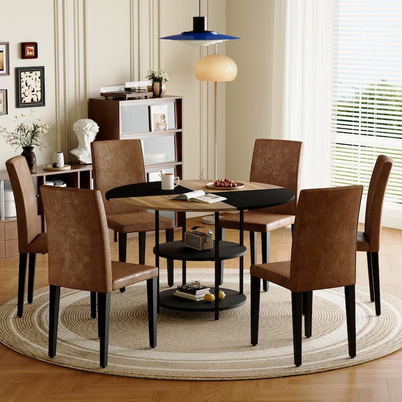 47.3" Round Dining Table Set for 6 with 6 Upholstered Chairs, Double-Layer Storage Dining Table for Home, Dining Room