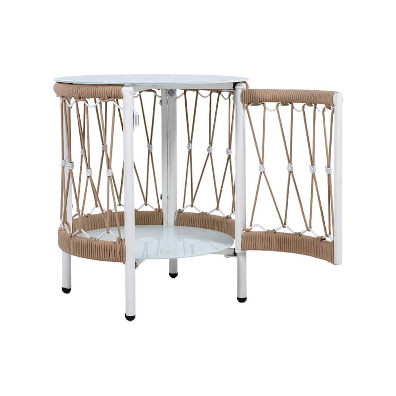 Roomfitters 17.32" Bohemian Outdoor Side Table, Handwoven Rope Patio End Table with Glass Top and Steel Frame, Beige