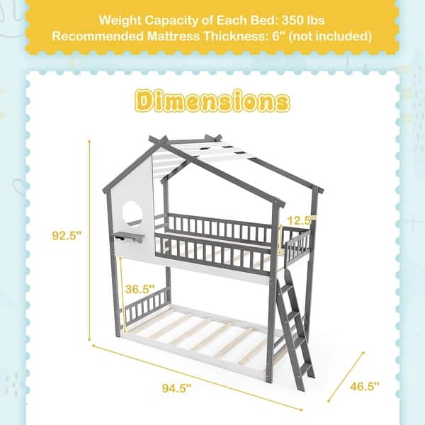 Wood Twin Over Twin House Bunk Bed Floor Bunk Bed w/ Ladder