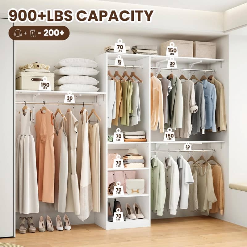 Heavy-Duty Wood Walk-In Closet Organizer - Adjustable Wardrobe System with 4 Hanging Rods & 5 Shelves for 8 ft Spaces