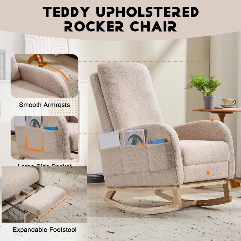 Wood Rocking Chair with Teddy Fabric and Side Pocket - 24.8"L x 29.5"W x 40.9"H