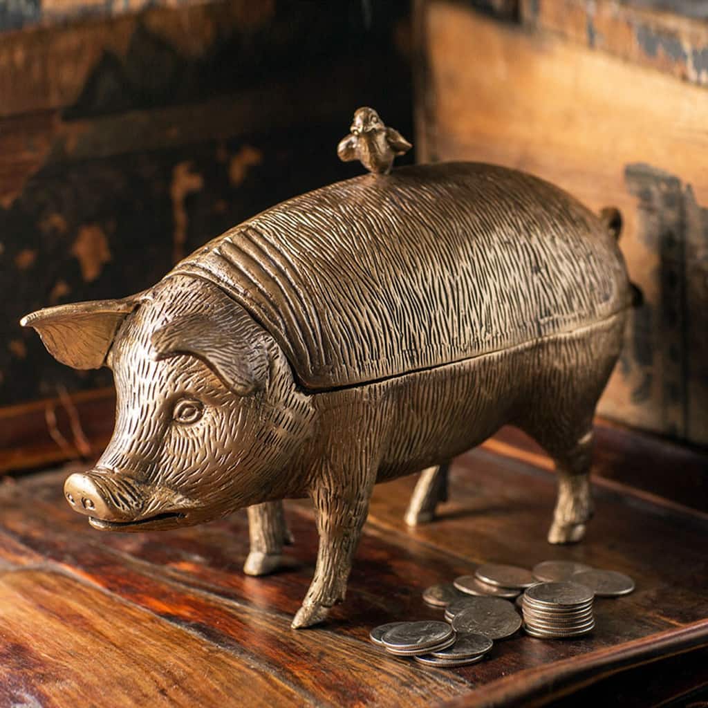 Aluminum Pig Decorative Storage Box in Antiqued Brass Finish Vintage Gold Animal Trinket Holder - 10.5"W x 4"D x 6.5"H