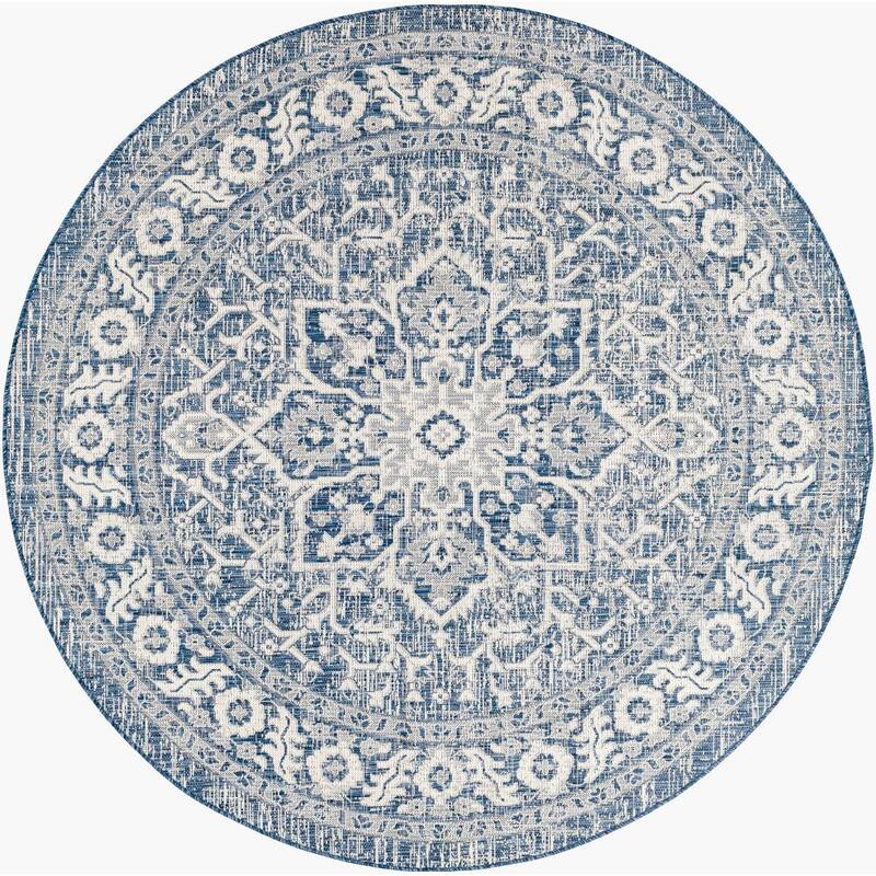 Livabliss Eagean Traditional Indoor/Outdoor Area Rug - 7'10" x 7'10" Round - Navy