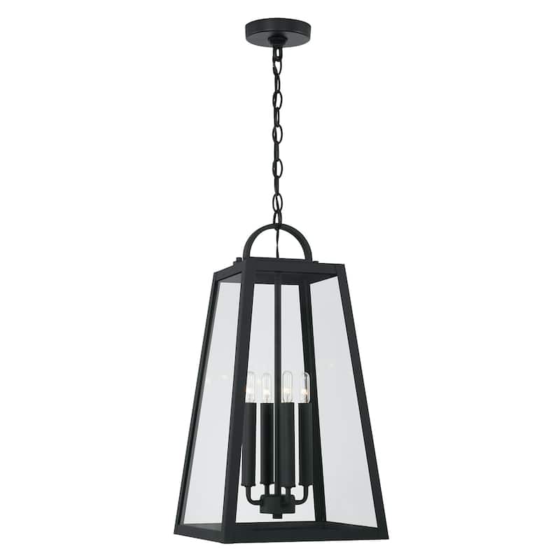 Leighton 12" 4-light Outdoor Hanging Lantern Pendant w/ Clear Glass - Black