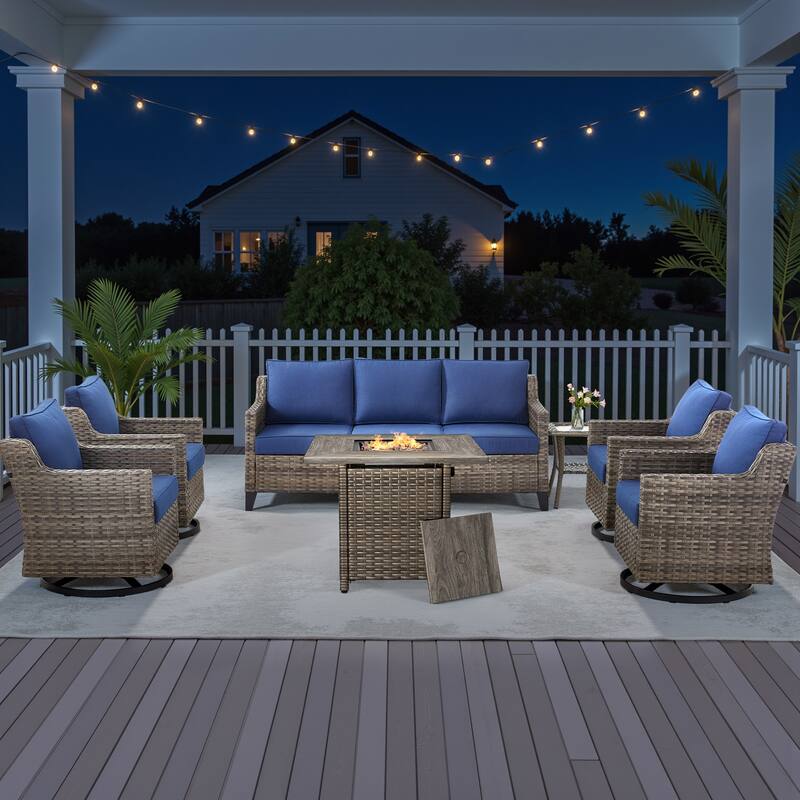 Pocassy Outdoor Swivel Chair with Sofa with Fire Pit Table - Blue Cushion Gray Wicker - 7-Piece Fire Pit Table w/ Sofa Swivel Chair