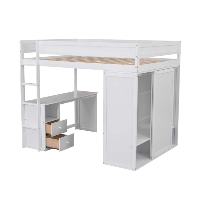 Merax Wood Loft Bed with Wardrobes and 2-Drawer Desk with Cabinet