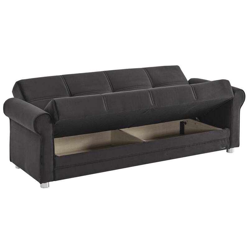 HomeRoots 89" Black Microfiber Convertible Futon Sleeper Sofa And Toss Pillows With Storage