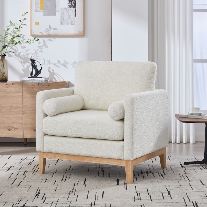 Modern Farmhouse Accent Chair , Wood Base Reading Armchair Single Sofa with Two Bolster Pillows for Living Room