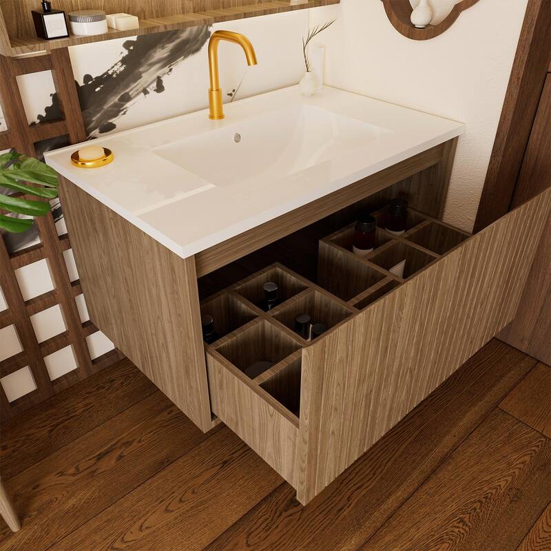 GDFStudio - Ari Modern Aesthetic Freestanding Bathroom Vanity with Ceramic Sink, Soft Close Drawers & Large Storage Spaces