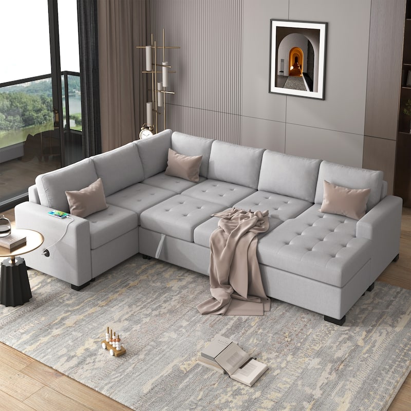108.3'' Spacious U-Shape Sectional Sofa for 6, Pull-Out Bed, Lounge Chair with USB & Type-C Ports