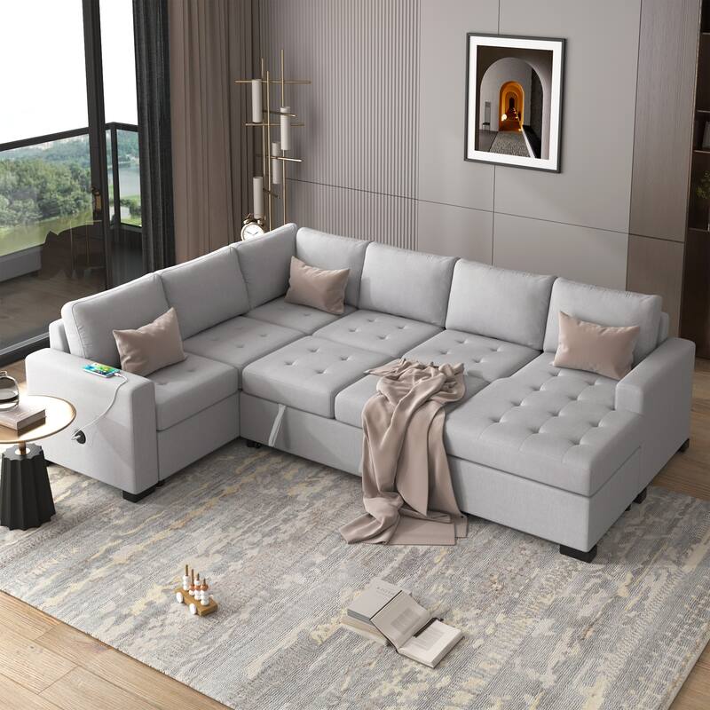 Modular Sectional Sofa Upholstered Convertible Sleeper Sofa with Ottoman - Gray