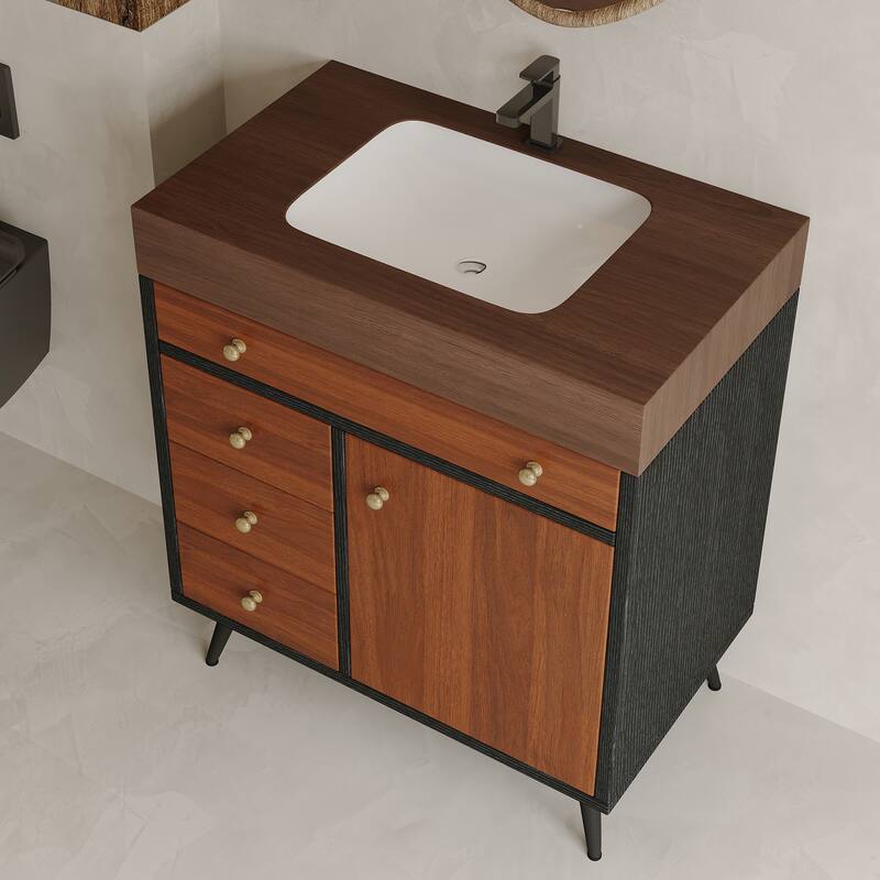 Mid-Century Modern Free-Standing Bathroom Vanity with Ceramic Sink & Sintered Stone Top